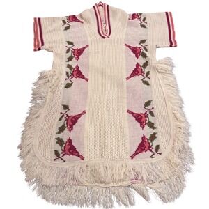Vintage Mexican Knit Cardinal Bird Fringe Pullover Poncho Cream Red 70s Boho Fun